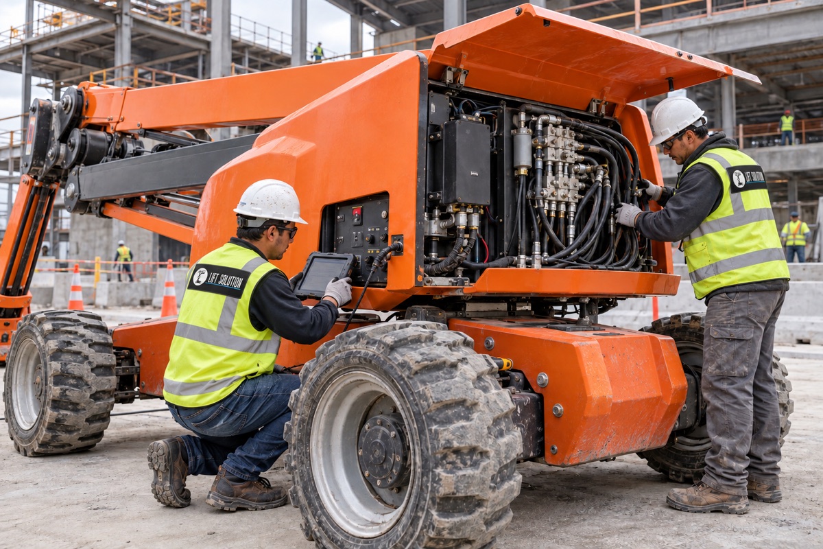 Técnicos de Lift Solution diagnosticando una plataforma articulada en obra
